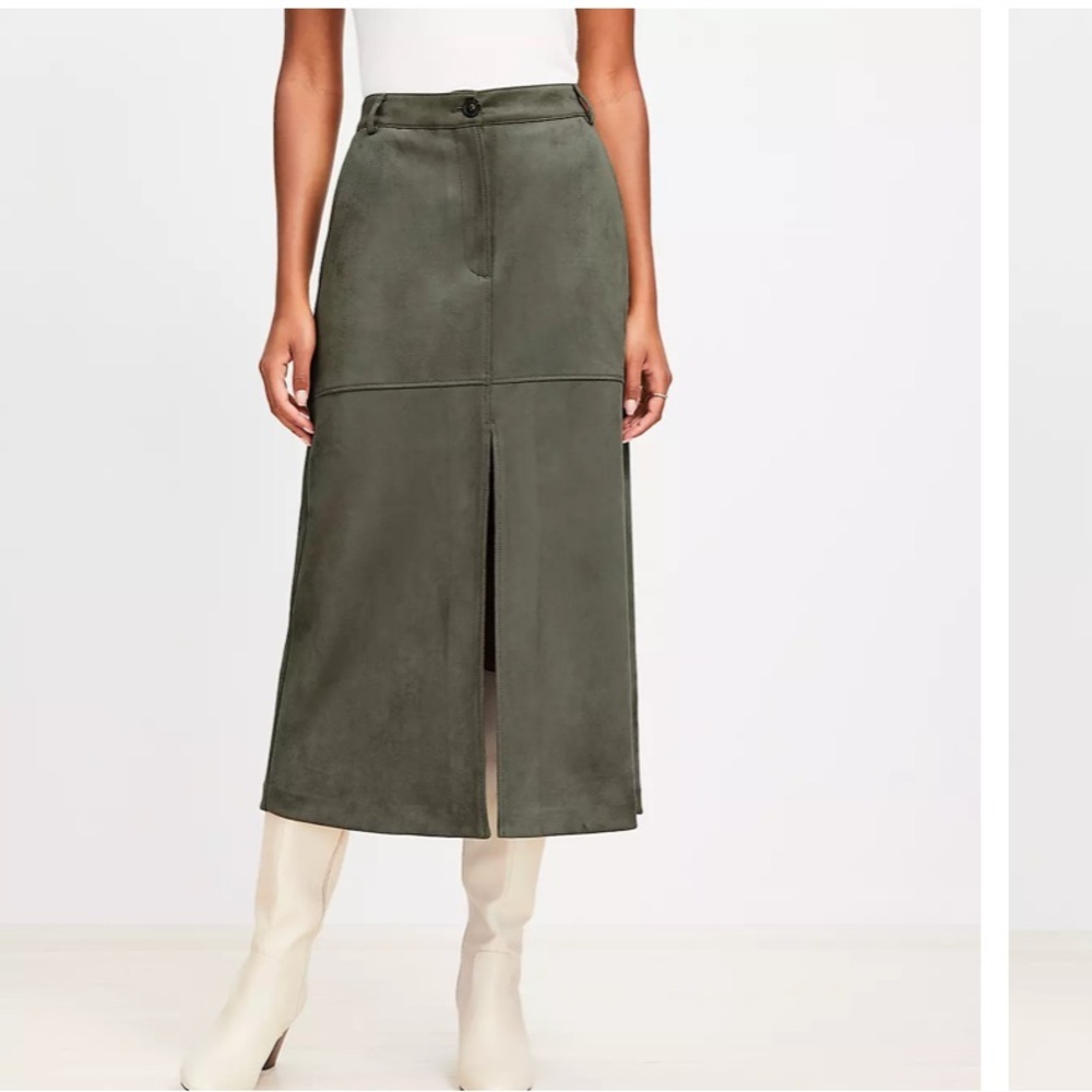 LOFT Faux Suede A-Line Midi Skirt Green